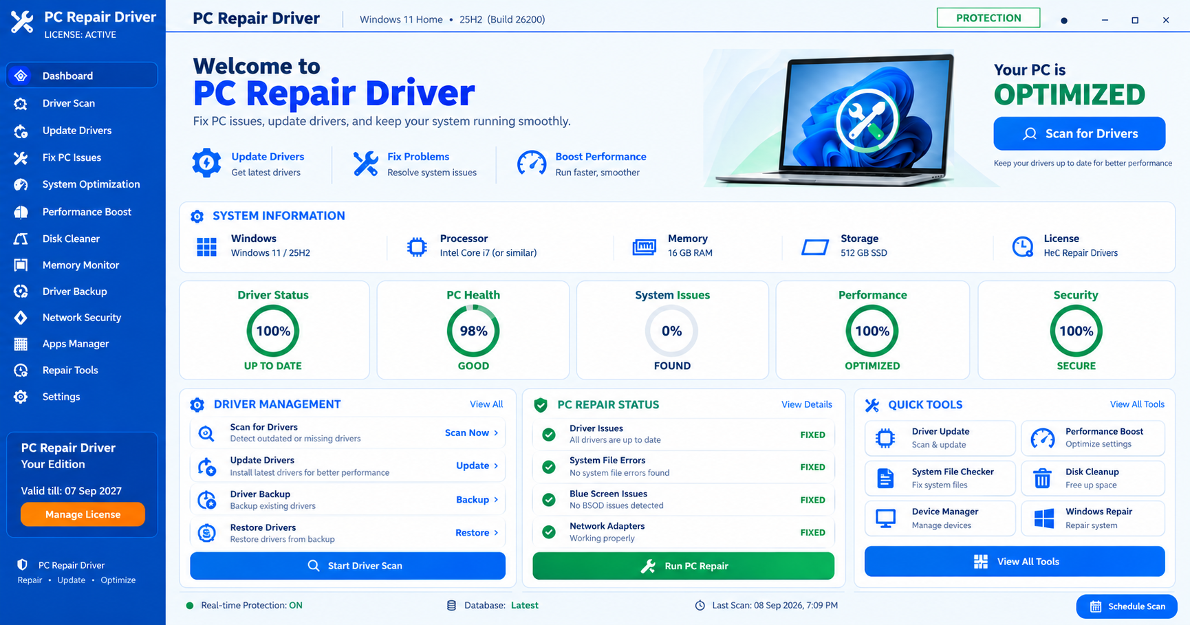 PC Repair Driver software dashboard